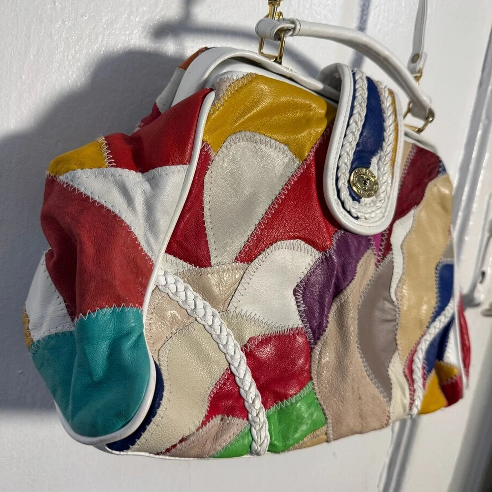 Vintage 80s Taurus Patchwork Leather Top Handle Bag Rainbow Satchel Maximalist